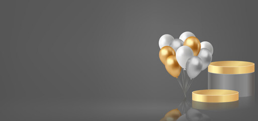 Golden and silver podium with balloons on black background. 3D rendering Vector illustration.