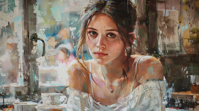 Portrait of a girl in a cafe. Fragment of an oil paint