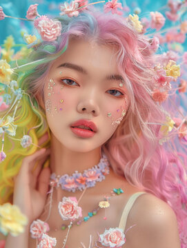 Fashion forward portrait of a woman with rainbow-colored hair and striking makeup, against a vivid pink backdrop.