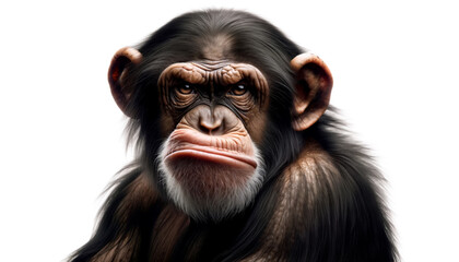 An adult chimpanzee with a disgusted expression frown, in clean white background. Angry chimpanzee with a Furrowed Brow