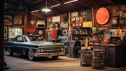 Retro styled garage with vintage cars and memorabilia