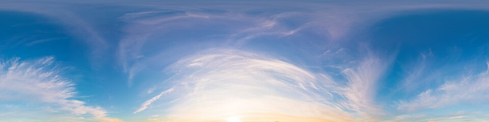 360 panorama of glowing sunset sky with bright Cirrus clouds. Seamless hdr spherical 360 panorama....