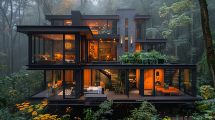 Modern house with illuminated interiors nestled in a misty forest during twilight. - obrazy, fototapety, plakaty