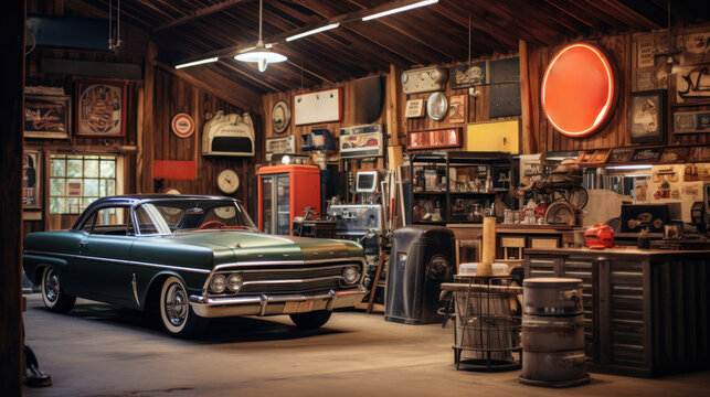 Fototapeta Retro styled garage with vintage cars and memorabilia