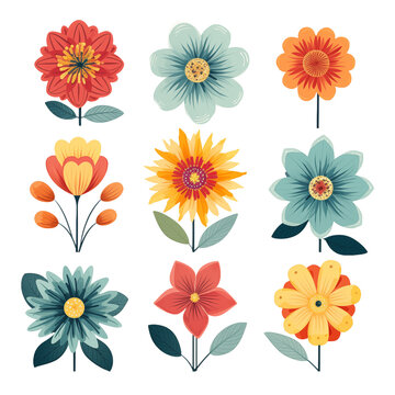 Variety of Stylized Flower Illustrations in a Colorful Collection