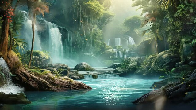 Animation natural waterfalls and rivers in the green forests seamless 4k video background. generated with ai