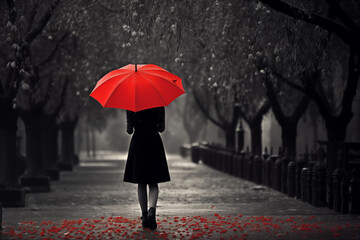 Young woman with red umbrella in the rain, black and white photography art design