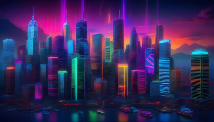 Obraz premium A digitally rendered illustration of a futuristic cityscape with neon lights and holographic projections