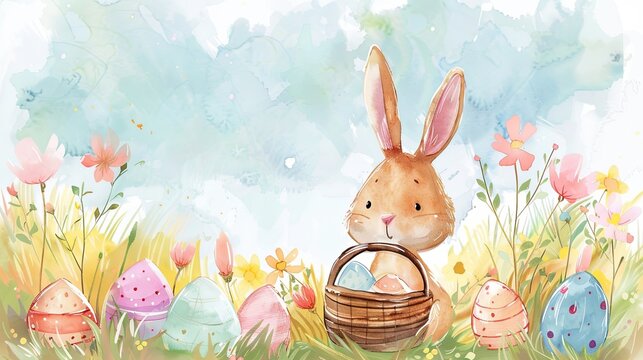 A heartwarming watercolor illustration of a cute bunny with a basket of Easter eggs surrounded by a floral meadow.
