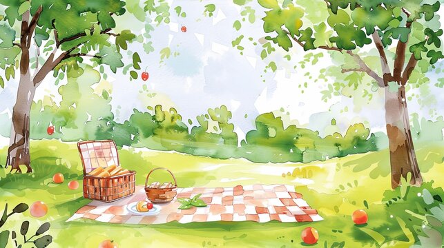 A charming watercolor illustration of a picnic setup under apple trees on a bright, sunny day.
