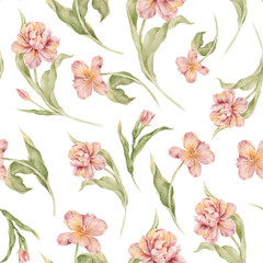 watercolor seamless pattern with pink tulips