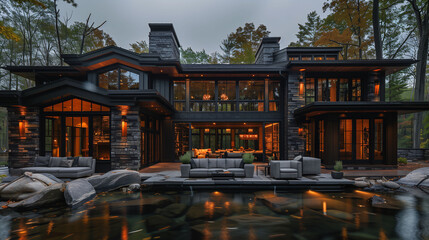 Luxurious modern house with illuminated windows at dusk, surrounded by a tranquil forest. - obrazy, fototapety, plakaty