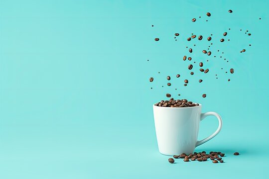 A white coffee cup with coffee beans spilling out of it. The image has a light and airy mood, with the coffee beans floating in the air