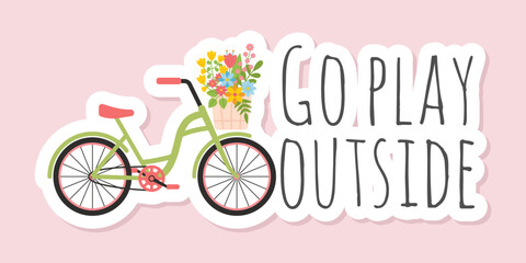 Spring postcard with bicycle and inscription Go play outside. Stickers on spring theme in pastel colors for greeting cards, scrapbooking, invitations, social networks, magnets