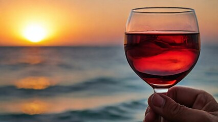 Glass of red wine in a hand on sea background