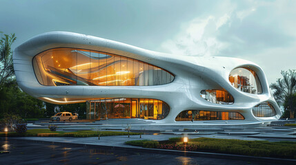 Obraz premium Modern futuristic building with organic design, illuminated at dusk, reflecting on water surface.