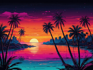 Cartoon flat panoramic sea landscape, sunset with the palms on colorful background. Art 1980s retro style illustration in vibrant neon noir fluorescent colors, holidays concept