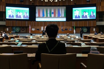 A man is sitting in a chair in front of a large screen with a man on the screen