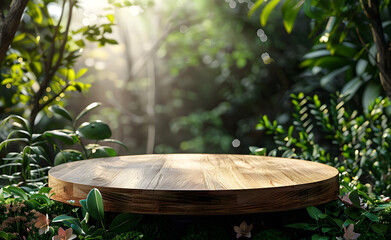Empty wooden podium in natural garden setting, perfect for organic product presentation or spring and summer concepts.