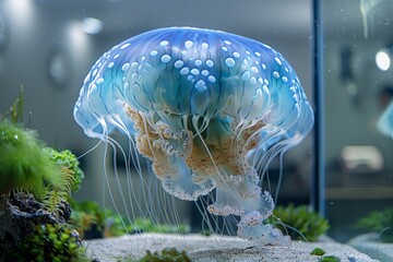 Beautiful jellyfishes in a big office aquarium, medusa in the neon light. Aquarium with jellyfishes. Making an aquarium with corrals and ocean wildlife. Underwater life in ocean jellyfish. - Powered by Adobe
