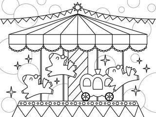 かわいいメリーゴーランドの塗り絵