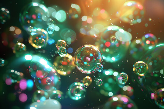 horizontal image of colourful bubbles floating in the air illuminated by sunlight Generative AI