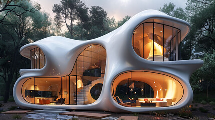 Modern futuristic house with organic design, large windows, and forest background at dusk. - obrazy, fototapety, plakaty