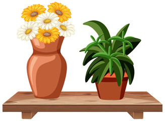 Vector illustration of flowers and plant on shelf