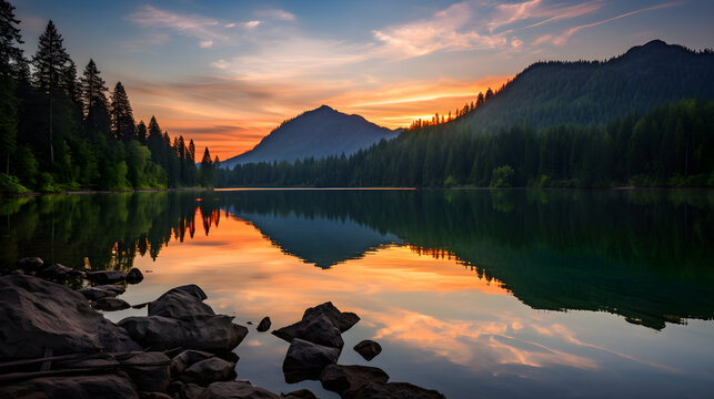 Sunset Reflections: A Serene Lake Amidst Lush Greenery and Distant Mountains - Nature Stock Photo