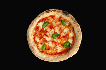 Pizza margherita with tomato mozzarella and basil isolated on black background top view