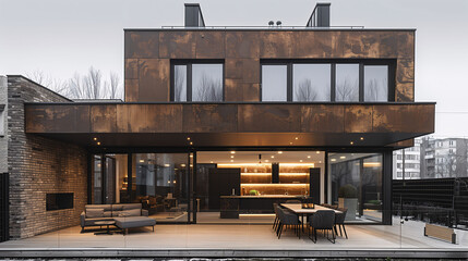 Modern luxury house exterior with terrace at dusk, showcasing elegant design and lighting.