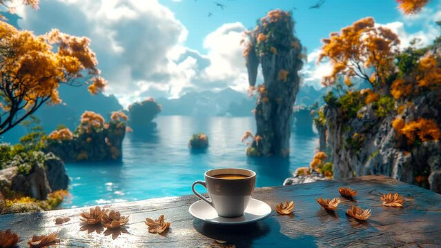 Warm coffee on the table with a wonderful view of nature. seamless looping 4k time-lapse video background