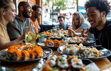 A diverse group of friends having lunch together at an urban restaurant, sharing food and...
