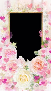 Rectangular photo frame with roses and hearts: Imagery of a happy wedding, looped vertical video.4k

