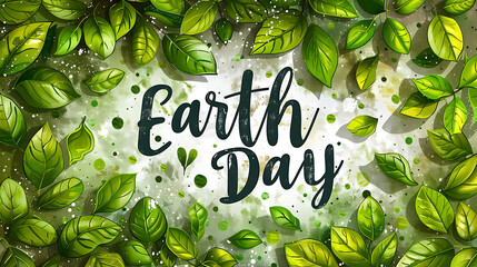 illustration of tropical leaves with text earth day, environmental protection