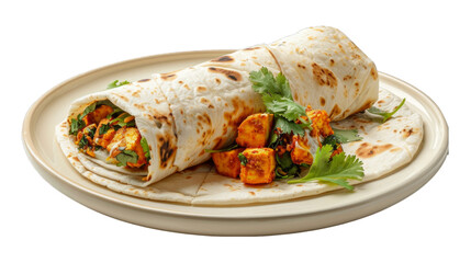 Paneer Tikka Wrap on a plate isolated on transparent png background. Generative ai  - obrazy, fototapety, plakaty