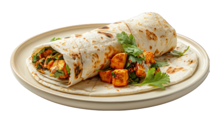 Paneer Tikka Wrap on a plate isolated on transparent png background. Generative ai 