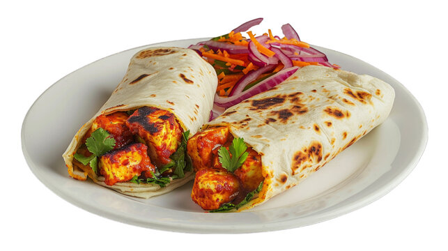 Paneer Tikka Wrap on a plate isolated on transparent png background. Generative ai 