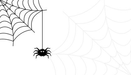 White Halloween banner with cobwebs and spiders. Black Spider and a Torn Web. Scary Web Halloween symbol. Vector illustration isolated on  white 