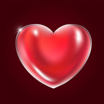 Red realistic glass heart. Plastic transparent heart shape bubble. 3d vector