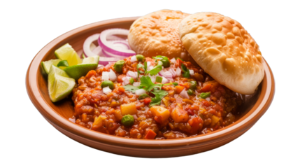 Pav Bhaji on a plate isolated on transparent png background. Generative ai 