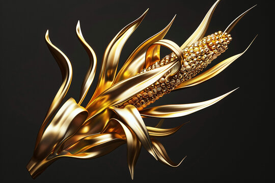 golden cron, matte golden ear of corn in 3d, corn on the cob
