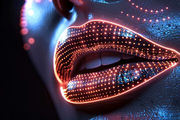 Lips, female lips extreme close up shot, pink glowing radium lips made with diamond engraved