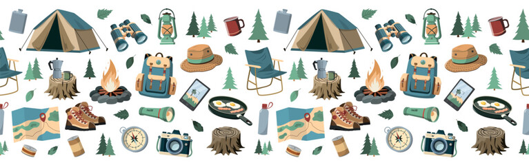 Collection of forest camping equipment. Vector seamless border. Isolated on white background. Travel and adventure accessories. - obrazy, fototapety, plakaty
