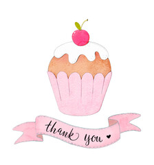 Watercolor cupcake with a cherry, with the thank you lettering on pink ribbon.
