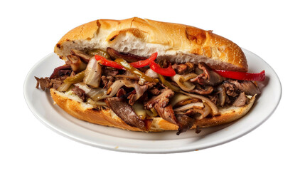 Philly Cheesesteak Sandwichon a plate isolated on transparent png background. Generative ai 
