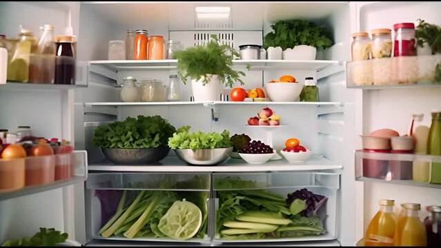 Refrigerator full of healthy food, vegetables and fruits.