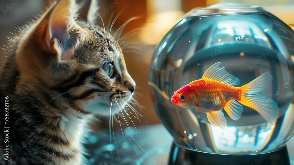Wall mural Closeup portrait of a cat looking at a red fish inside a little aquarium. - Wall murals