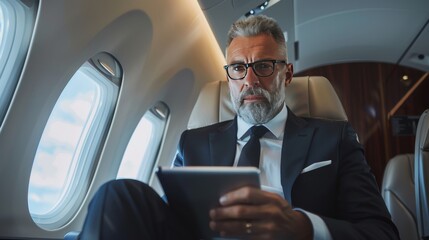 Handsome middle aged businessman in suit using tablet in plane during business trip