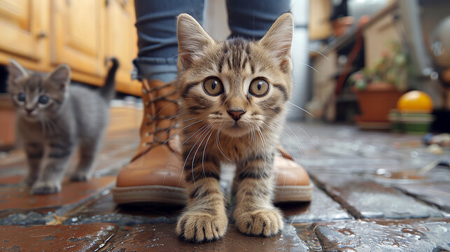 Closeup portrait of a cat near shoes in a kitchen.